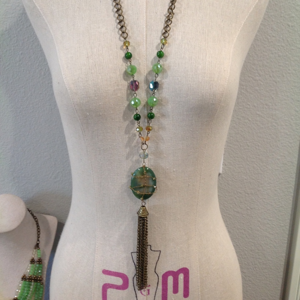 Antique gold and green glass and stone necklace